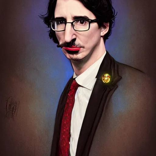 Image similar to photo booth, john oliver in mouse costume, adam driver in a suit, stylized, centered, dark, smokey, fantasy, intricate, detailed, digital painting, deviant art, art by artgerm, art by greg rutkowski, art by alphonse mucha