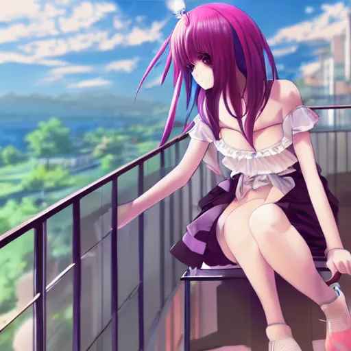 Image similar to anime girl sitting on a balcony while listening to music, anime key visual, aesthetic, trending on artstation, deviantart, artgem, perfect composition, ross draws, wlop, 8 k