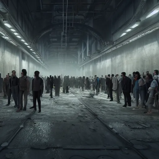 Prompt: a long queue of people standing in a huge underground dystopian factory, low camera angle, hyperdetailed, artstation, cgsociety, 8 k, hyper realistic, super detailed, octane, volumetric lighting, atmosphere, matte painting, extreme long shot, octane render h 7 0 4