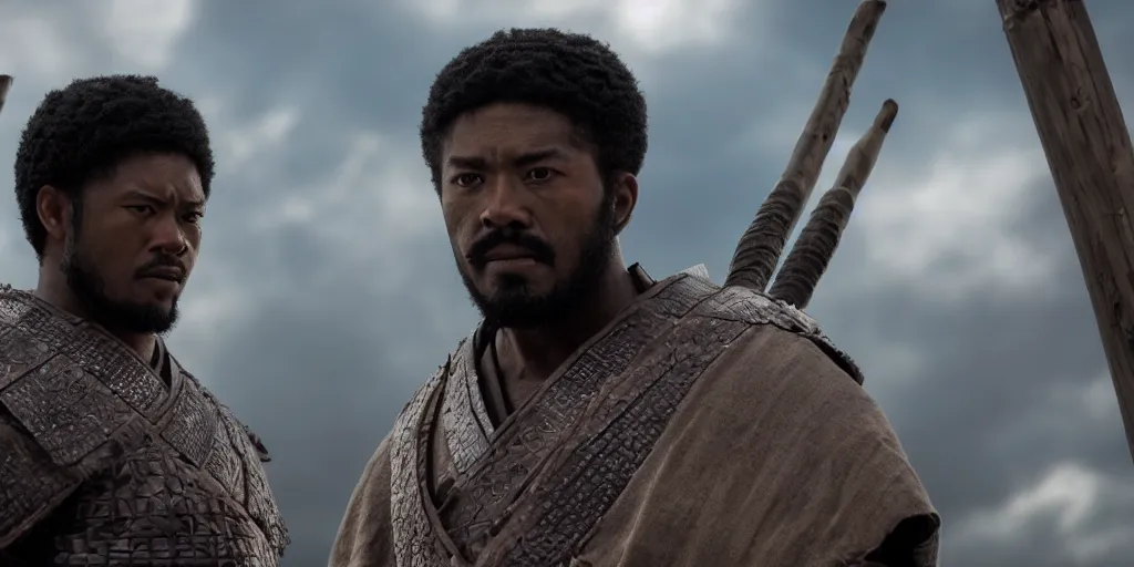 Prompt: a film still of a black man starring in a japanese blockbuster film as ancient samurai, intense, shallow depth of field, cinematic, award winning cgi, vfx, film still