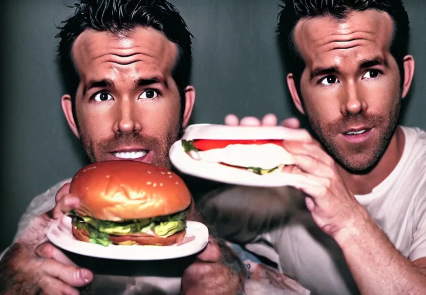 Image similar to a ultra realistic hyper realistic underexposed fujifilm 800 photograph of ryan reynolds being eaten by a burger