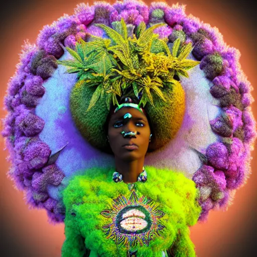 Image similar to a female african marijuanna! shaman with an afro made of flowers, third eye art art by machina infinitum, complexity from simplicity, rendered in octane, mandelbulb 3 d, ambient occlusion, macro photography, felt!!! texture, tribal, pastel! retrowave