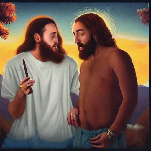 Image similar to a ultra detail picture portrait of Mac Miller and Jesus smoking a joint in heaven, 8k, photorealistic