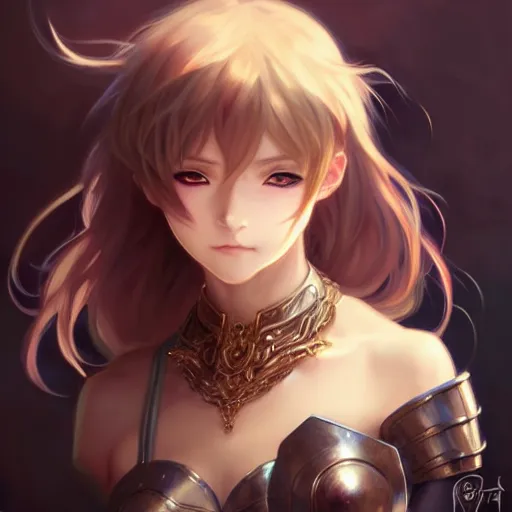 Prompt: anime girl portrait, armor, upper body, small necklace, d & d, fantasy, detailed eyes, intricate, backlit, realistic lighting, elegant, highly detailed, digital painting, artstation, concept art, smooth, sharp focus, illustration, art by artgerm, greg rutkowski, alphonse mucha