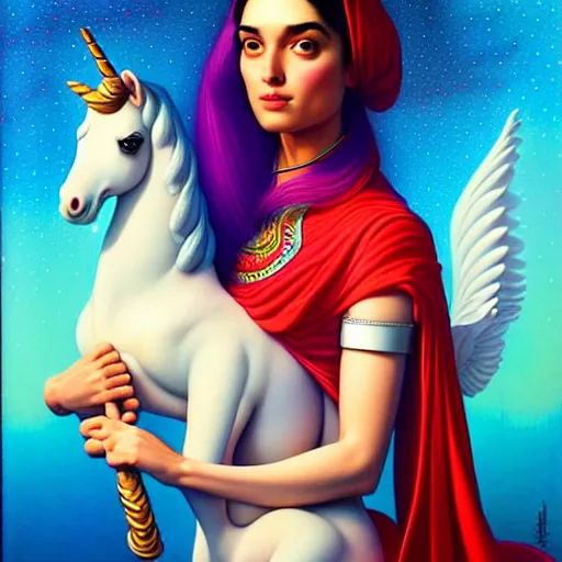 Prompt: portrait of himan riding an unicorn and, pixar style, by tristan eaton stanley artgerm and tom bagshaw.