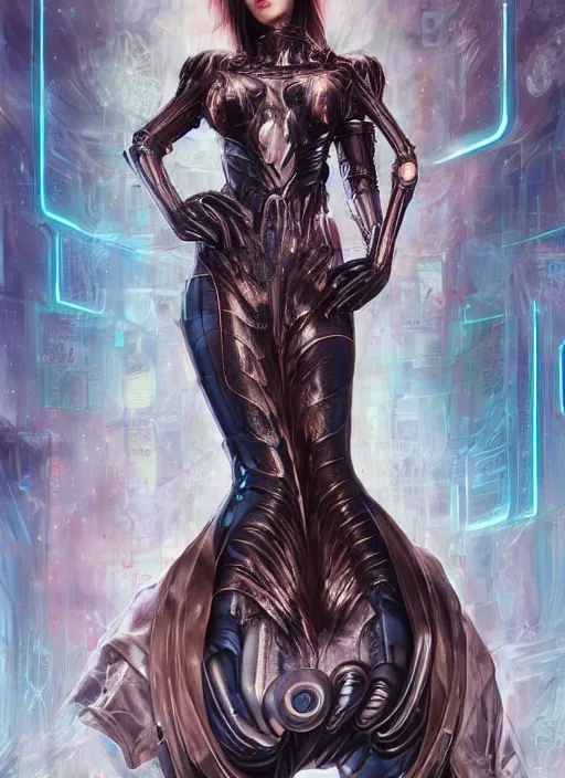 Image similar to a full body beautiful woman wearing a cyberpunk outfit by karol bak, ayami kojima, artgerm, sakimichan, hr giger, blue eyes, weapons, electronics, high tech, cyber wear, latex dress, bandage, concept art, fantasy, cyberpunk