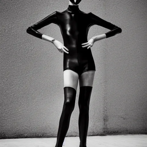 Prompt: fashion photography of a genderless alien model, full body, wearing a black leotard, photo 3 5 mm leica, hyperdetail, berghain, 8 k, very detailed, black and white