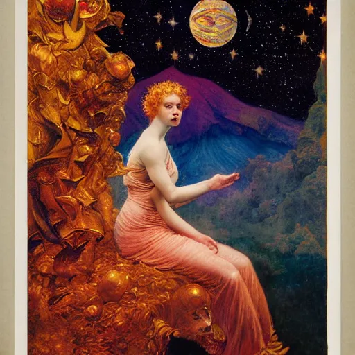 Prompt: the queen of the moon and the stars in full regalia, by Annie Swynnerton and Tino Rodriguez and Maxfield Parrish, elaborately costumed, rich color, dramatic cinematic lighting, extremely detailed