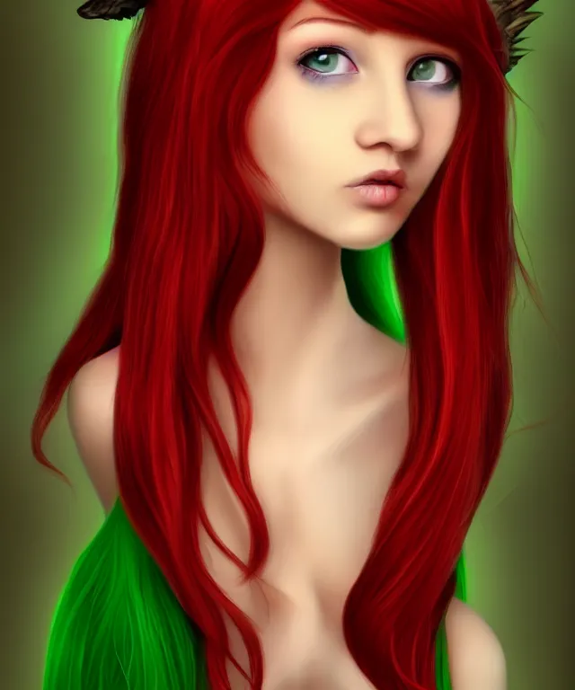 Image similar to Fae teenage girl, portrait, face, long red hair, green highlights, fantasy