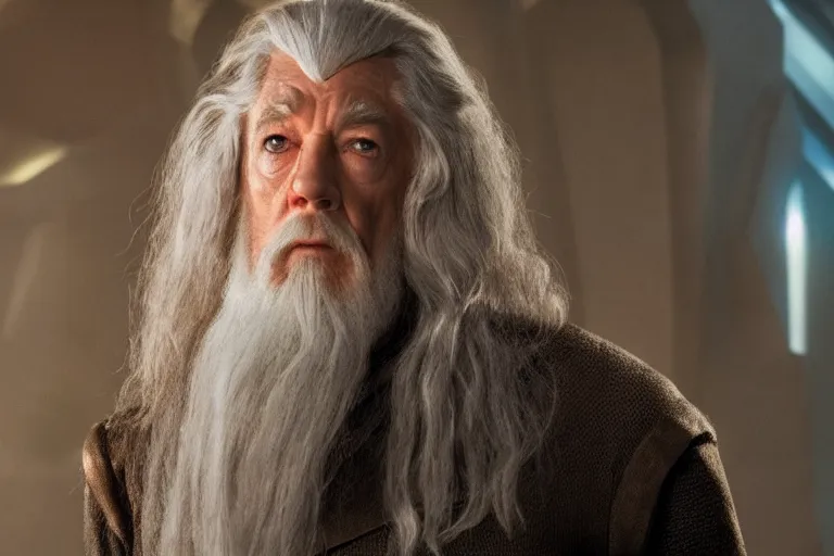 Prompt: promotional image of gandalf as captain kirk in the new star trek movie, detailed face, movie still frame, promotional image, imax 70 mm footage