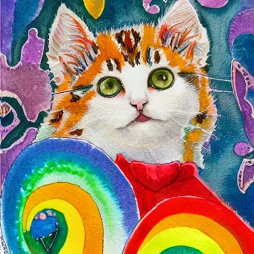 Prompt: a white kitten magically prismatically fractured into every color of the rainbow, watercolor by Louis William Wain,