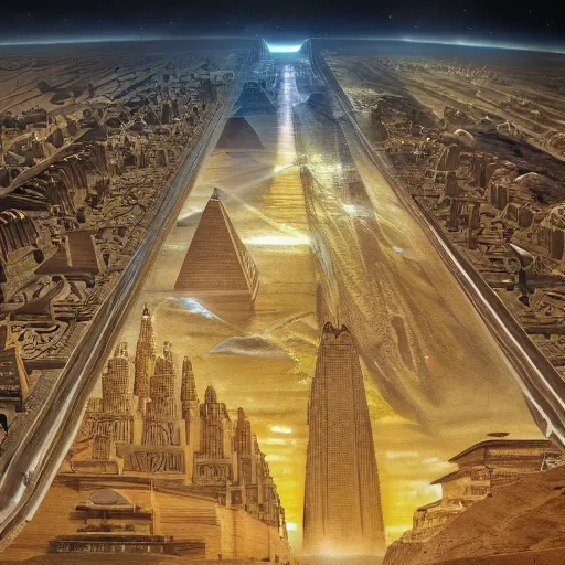 Image similar to an scene of a beautiful intricate epic futuristic hyper detailed cyber sphynx of egypt, cinematic lighting, bird's - eye view