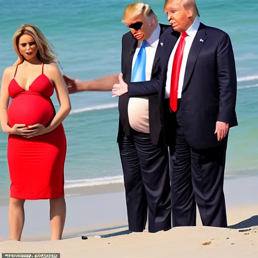 Prompt: Donald trump showing office his pregnant belly at the beach, he is staring at the camera and smiling, he rubbing his belly