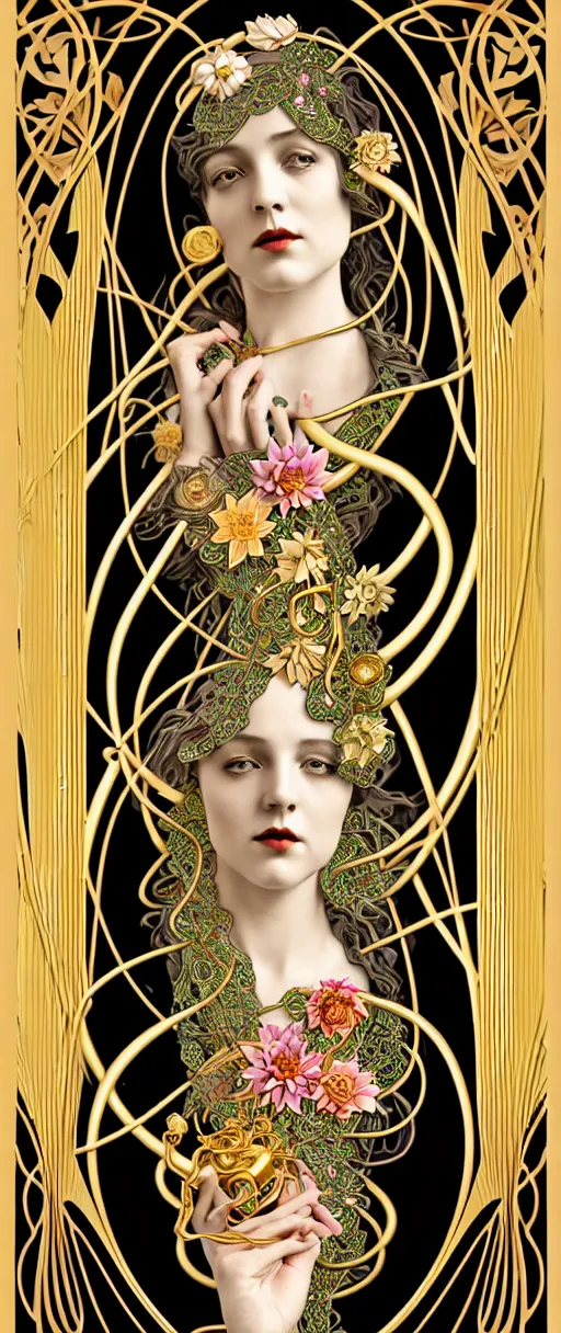 Prompt: the source of future growth dramatic, elaborate emotive Art Nouveau styles to emphasise beauty as a transcendental, seamless pattern, symmetrical, large motifs, hyper realistic, 8k image, 3D, supersharp,Art nouveau 3D curves and swirls, Glass and Gold pipes, photorealistic colorful Dahlia flowers silk ribbons and gold chains, iridescent and black and shiny gold colors , perfect symmetry, iridescent, High Definition, sci-fi, Octane render in Maya and Houdini, light, shadows, reflections, photorealistic, masterpiece, smooth gradients, no blur, sharp focus, photorealistic, insanely detailed and intricate, cinematic lighting, Octane render, epic scene, 8K