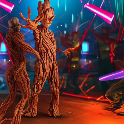 Image similar to groot and optimus prime dancing at techno party among people, wide shoot, after effect ultra realistic 3 d