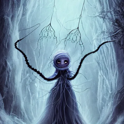 Image similar to an ethereal dream like fantasy fluffy ghost like spooky live action muppet wraith like figure with a squid like parasite latched as its head and four long tentacles for arms that flow gracefully at its sides like a cloak while it floats around a frozen rocky tundra in the snow searching for lost souls and that hides amongst the shadows in the trees, this character has cryokinesis and electrokinesis and is a real muppet by sesame street for a spooky halloween special, photo realistic, real, realistic, felt, stopmotion, photography, sesame street