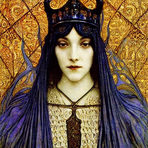 Image similar to beautiful young medieval queen by jean delville, art nouveau, symbolist, visionary, gothic