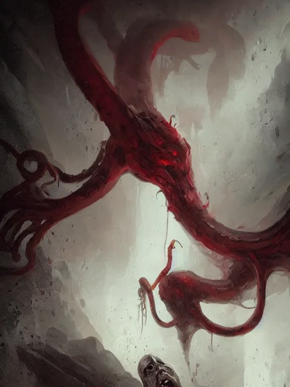 Prompt: painting by greg rutkowski a flying human head with tears running down it's face face that is chalk white in color, with long white!! tentacles!! coming out of the neck, fiery scorching red eyes, flying in a terrying hellish dark cavernous place