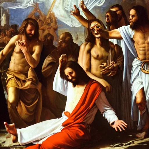 Image similar to jesus christ in a white robe strikes a dramatic dance pose on dead laughing bodies in streets of an apocalyptic metropolis destroyed after war, fantasy art, dramatic lighting, insane details ; renaissance painting