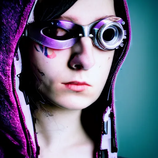 Image similar to an award finning closeup photo by a famous portrait photographer of a beautiful female bohemian cyberpunk techno rock musician aged 2 1 in excessively fashionable gear