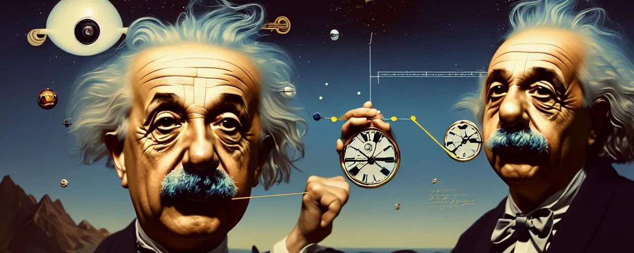 Image similar to duotone surreal illustration 3 / 4 portrait of albert einstein measuring time on salvadore dali clock in outer space. golden ratio accidental renaissance. by sachin teng and sergey kolesov and ruan jia and heng z. graffiti art, scifi, fantasy, hyper detailed. octane render. concept art. trending on artstation