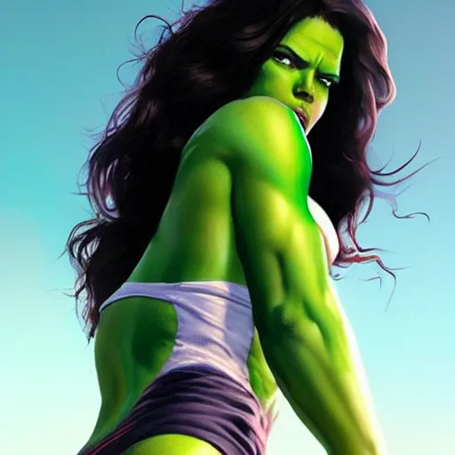 Image similar to she hulk, played by scarlett johannson, beautiful, cinematic, head and shoulders, trending on artstation, digital art, hyper realistic, striking pose, by greg rutkowski