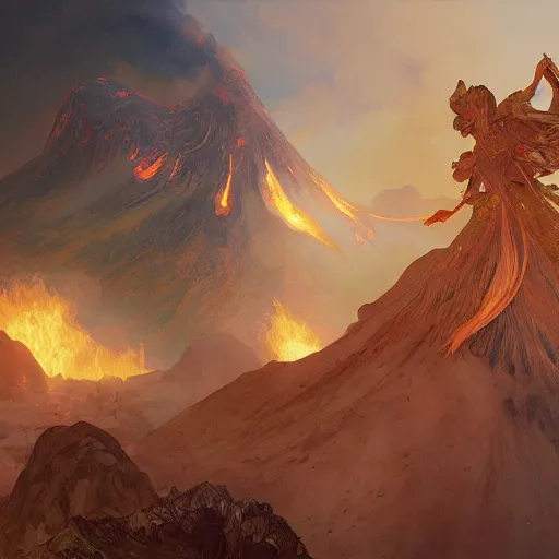 Prompt: mythical creatures, volcanos in the background, highly detailed, digital painting, artstation, concept art, sharp focus, illustration, art by artgerm and greg rutkowski and alphonse mucha,