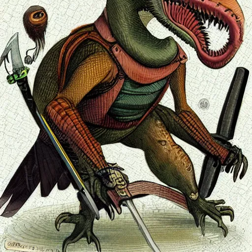 Prompt: an anthropomorphic machine bird reptile rodent hybrid wielding an ancient sword, in the style of boris vellejo, bruce penington, leng jun