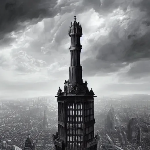 Image similar to an ultra detailed black and white matte painting of a lonely and impossibly tall ominous dark tower elevated high above the city, on an isolated plateau island in a river elevated high above the city fortress tower, fantasy capital city, ultrawide lense, aerial photography, volumetric lighting, exquisite detail, 8 k, art by artgerm and greg rutkowski and alphonse mucha