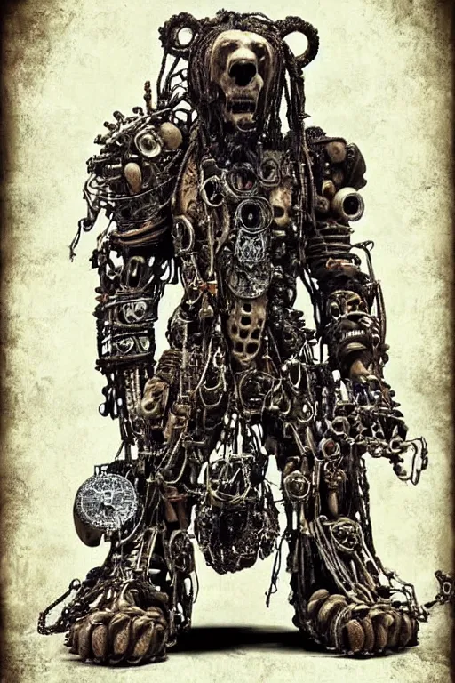 Prompt: wild monstorous anthropomorphic biomechanical bear shaman-warrior wearing chains made of tiny human skulls and other voodoo artifacts. Wearing dreadlocks made of cables and wires. Upgraded with hightech cyberwares. huge, big, giant bear human hybrid, mecha animal, tall, detailed woodcut armor, terrifying and dangerous, scary, beautiful, steampunk monster android hybrid art portrait, matte scifi fantasy painting, half robot half bear. Fullbody, Centered uncut. 50px margins on every side.. DeviantArt Artstation, by Jason Felix by Steve Argyle by Tyler Jacobson by Peter Mohrbacher, cinematic lighting