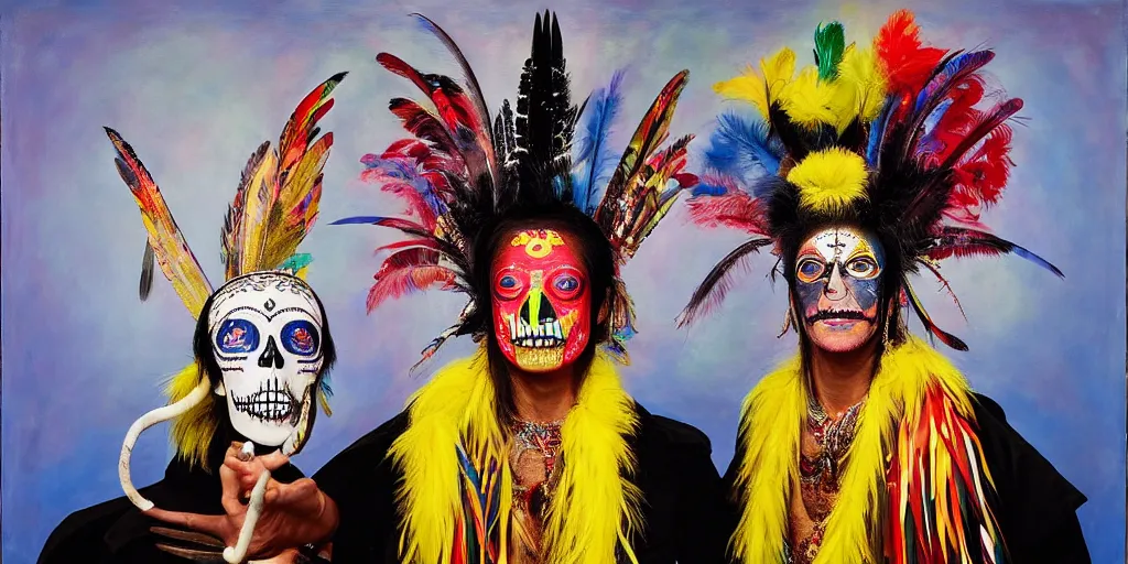 Image similar to ney matogrosso with paint on face, feathers, leather, lace, gold wings on head, tibetan skeleton dancer, painting by gottfried helnwein