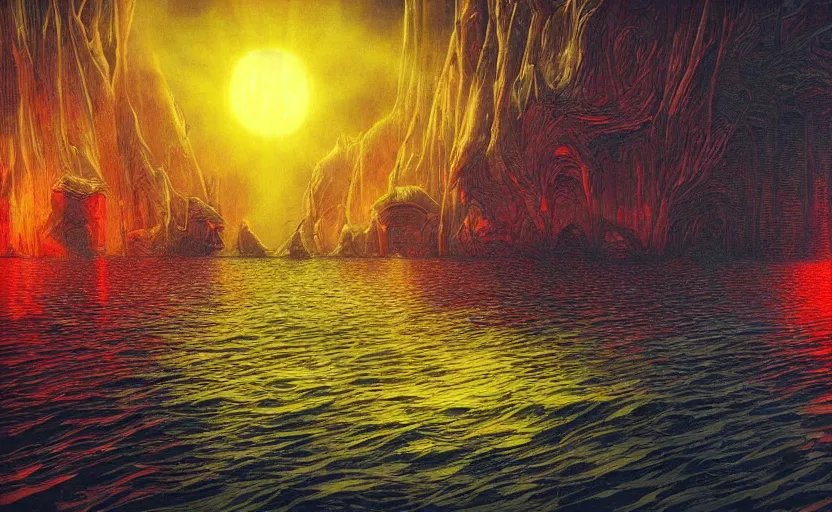 Prompt: by Moebius , landscape of mystic dark cult uder deep water, monumental giant palace, sun light through dark waters, red+yellow colours, high quality details, one point perspective, denoise deep depth of field