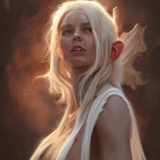Prompt: A detailed oil portrait of a blonde elf woman with small horns of copper and copper scales covering her arm and neck wearing a simple white robe, by greg rutkowski, trending on artstation, dungeon and dragons art