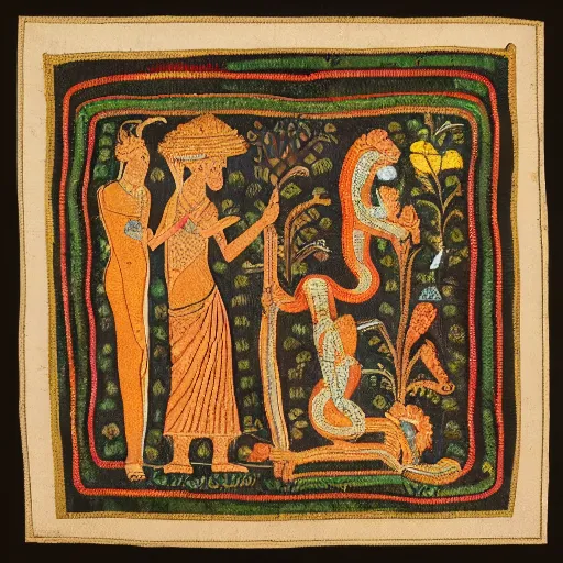 Image similar to adam, eve and the serpent, detailed, intricate embroidery, style of hindu scripts, india, 1 0 0 bc