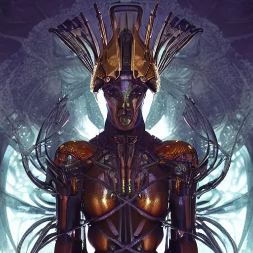 Image similar to mystical evil scifi cyborg android queen with obsidian eyes, wearing an elaborate medieval helmet, in a jungle of subsurface wax tendril leaves, volumetric lighting, realistic concept art, octane render, 8 k, unreal engine, art by todd mcfarlane and artgerm and greg rutkowski and alphonse mucha