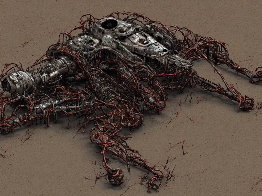 Prompt: Techno-biological rusty T-55 consisting of tumors, meat, veins, bones, guts, kidneys, wires. Biopunk, body-horror, high detail, photorealism, full length view, very rust, concept art, octane render, 16k, 8k