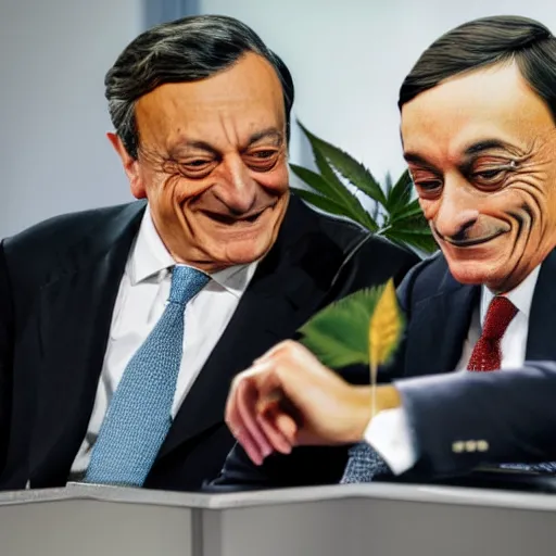 Image similar to Mario Draghi becomes a hemp farmer growing weed with snoop Dogg