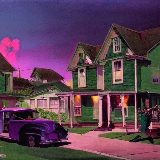 Image similar to a suburban neighborhood with deep green and purple glowing clouds. highly detailed science fiction painting by norman rockwell, frank frazetta, and syd mead. rich colors, high contrast, gloomy atmosphere, dark background. trending on artstation.