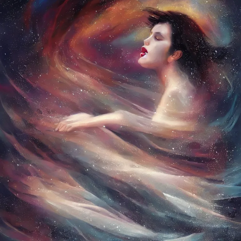 Image similar to a painting woman with dark hair full of cosmic nebulae drowning in a roiling ocean of coffee, flowing white sparkling robes, ethereal fireflies, nostalgic melancholic artwork, masterpiece, stunning, artstation