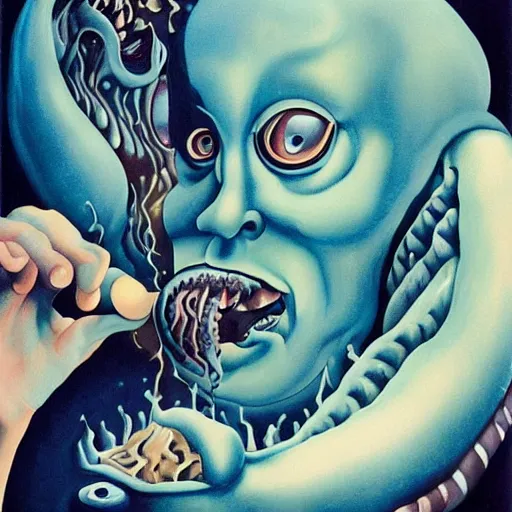 Prompt: surrealism melting portrait of a leviathan, gothic blueberry, robert deniro eating miso soup