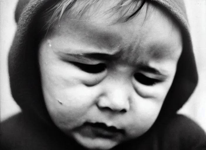 Image similar to high _ resolution _ black _ and _ white _ portrait _ with _ a _ 3 5 _ mm _ f _ 5. 0 _ lens _ of _ a _ child _ in _ soviet _ russia _ with _ closed _ eyes _ and _ a _ sad _ face _ about _ to _ cry.