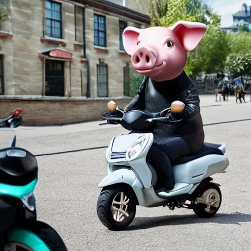 Image similar to a pig riding a scooter