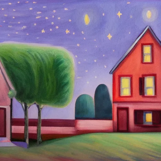 Prompt: a painting of a small village with crooked wooden houses designed by Tim Burton, the village is on a hill, the sky is dark with stars shining through, in the style of Edward Hopper, 4K,