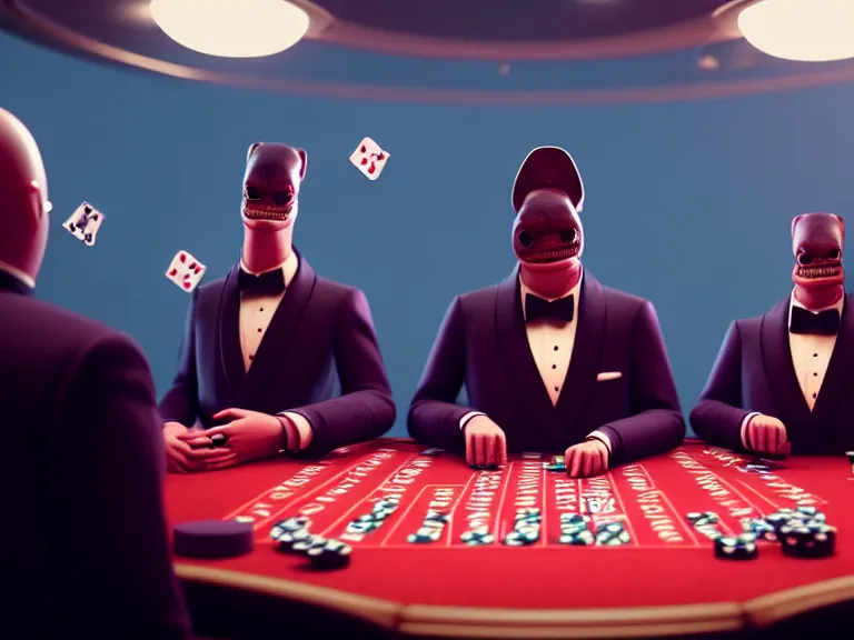 Image similar to hyperrealism simulation highly detailed human turtles'wearing detailed tuxedos and smoking, playing poker in surreal scene from cyberpunk movie from future by wes anderson and denis villeneuve and mike winkelmann rendered in blender and octane render