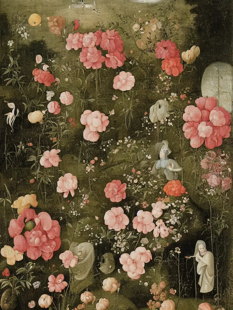 Image similar to beautiful large flowers in a garden, in the style of hieronymus bosch,