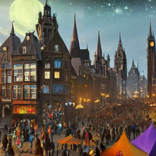 Prompt: A bustling magical town, witches and black cats are dancing around a colorful music festival, the large academy of magic and science can be seen towering in the distance, inspired by Victorian England and Amsterdam, highly detailed, matte painting, octane render, 8k, unreal engine