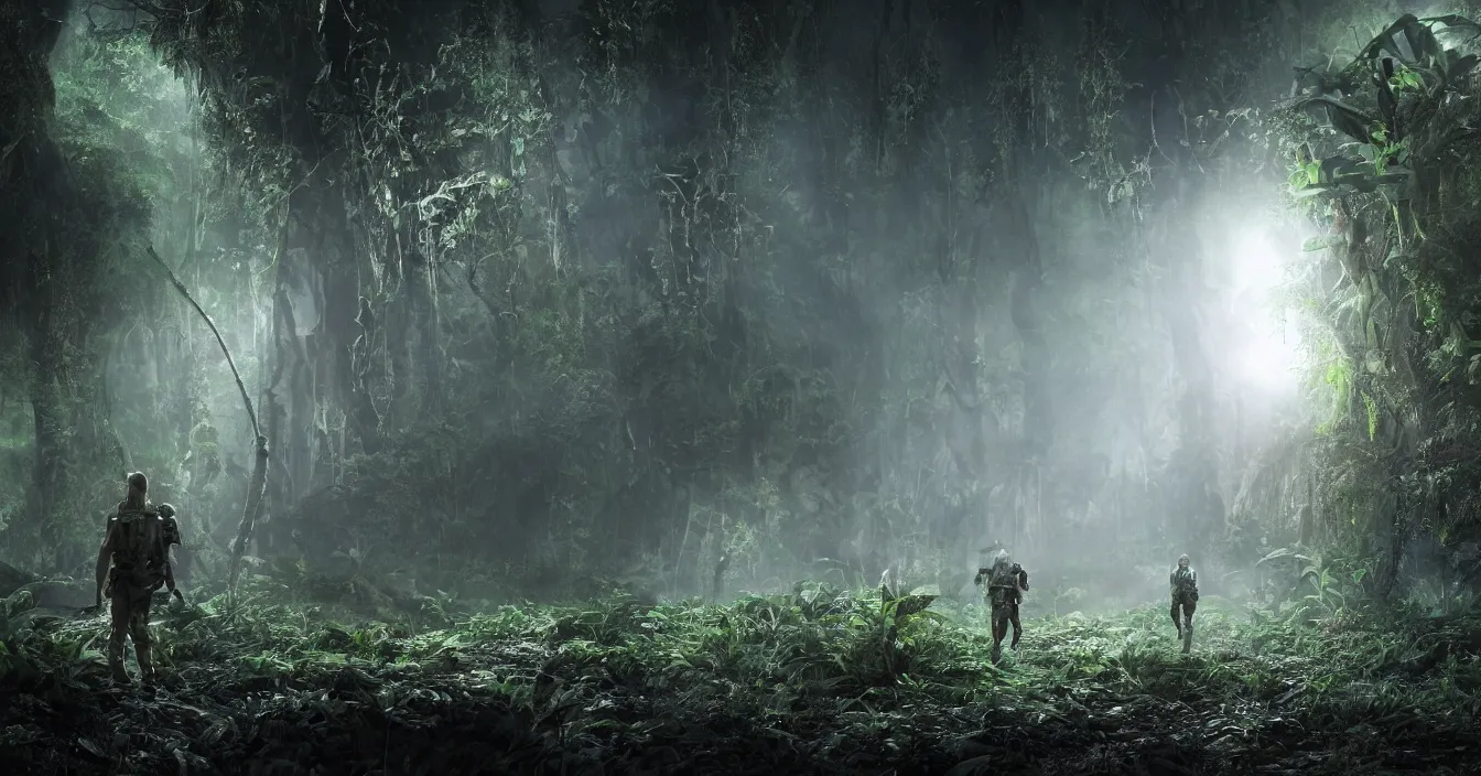 Prompt: realistic image from scifi movie with invisible creature running through dark nigh in the jungle, difractions, reflections, volumetric fog light, dark atmosphere, dramatic cinematic composition, depth, defocus, rendered in vray, raytracing, raymarching, by ilm, digital domain, weta digital