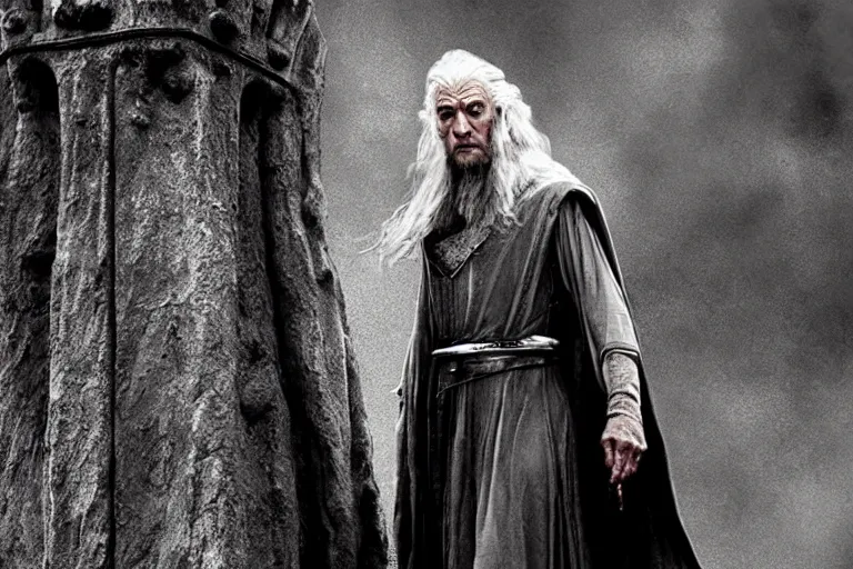 Image similar to jude law as gandalf stood outside orthanc, style of h. r. giger, directed by david fincher, muted tones, detailed