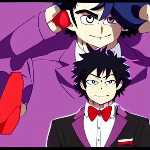 Image similar to a guy with black hair, wears a comedian purple suit and a red bowtie, anime character design key visual, Official media from My Hero Academia, sharp, 4k HD