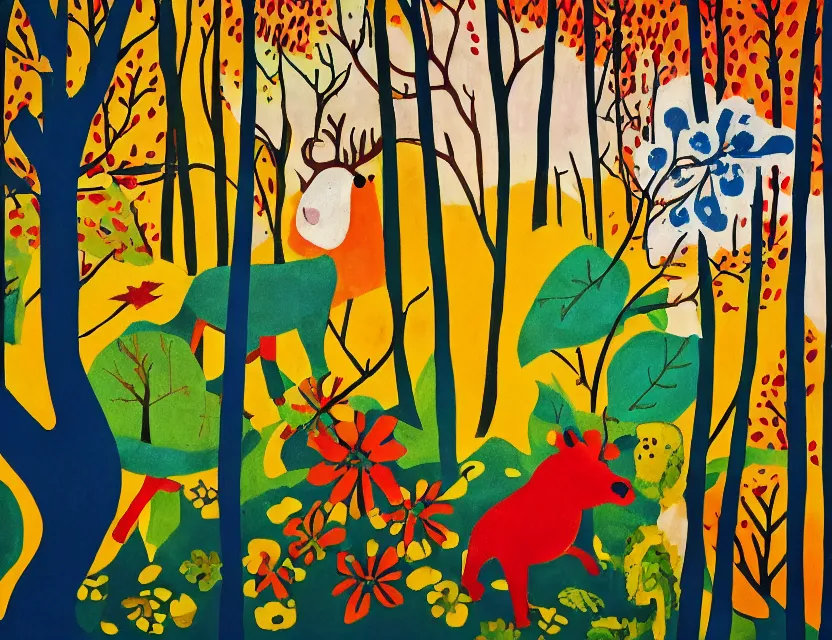 Image similar to animal god of ( ( ( flowers ) ) ) in the winter!!! woods. limited palette with complementary colors, children's cartoon from the 2 0 1 0 s, backlighting, bold composition, depth of field.
